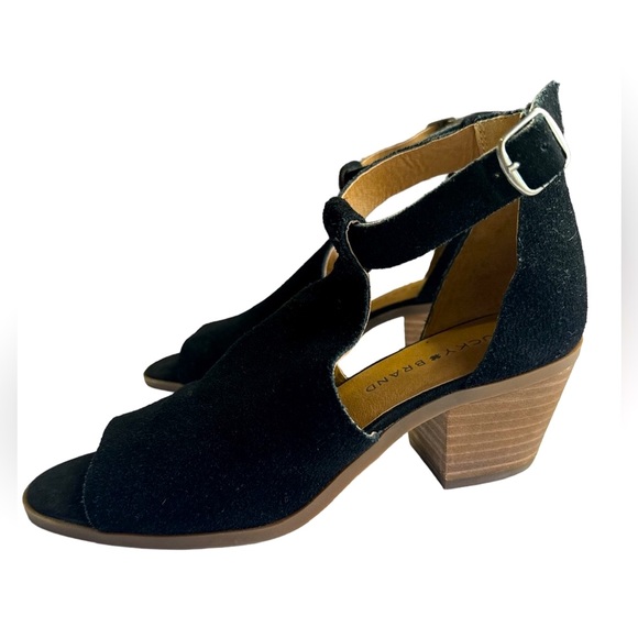 LUCKY BRAND WOMENS 8M BLACK SUEDE HEEL OPEN TOE - Picture 2 of 9